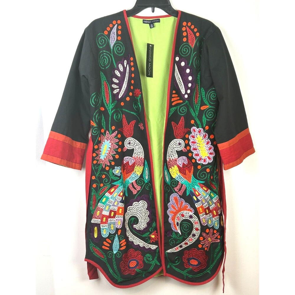 Indigo Moon Cotton Black Embroidery Peacock Long Jacket Kimono XS NWT